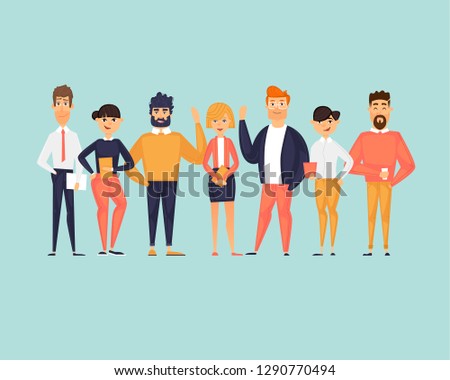 Business characters, team, about us. Flat design vector illustration	