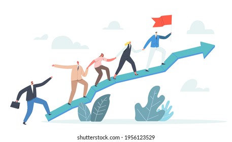 Business Characters Team Climbing at Huge Growing Arrow Graph. Leader Stand on Top with Hoisted Flag, Business People Teamwork and Leadership, Investment Growth Concept. Cartoon Vector Illustration