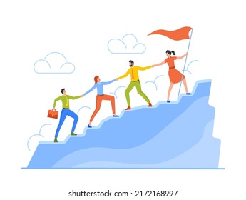 Equipo de personajes de negocios escalando en el pico de montaña sosteniendo manos siguiendo a líder con bandera roja. Trabajo en equipo de gente de negocios, liderazgo, crecimiento de la inversión, camino al éxito. Ilustración del vector de dibujos animados