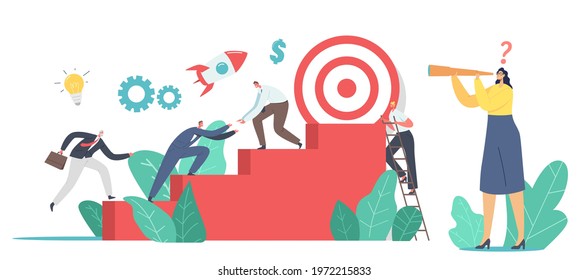 Business Characters Team Climbing Stairs with Huge Target on Top. Business People Next Step, Reach Next Aim. Teamwork and Leadership, Investment Growth, Challenge Concept. Cartoon Vector Illustration