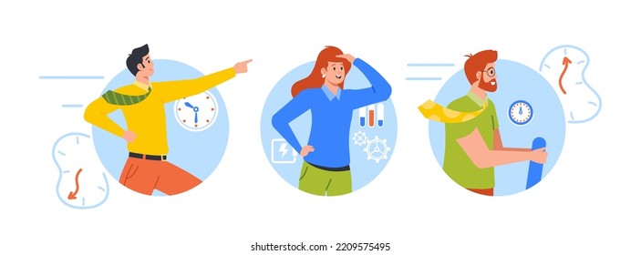 Business Characters Team Flying In Time Machine Isolated Round Icons or Avatars. People Going To the Future Or Past for Changing History Developments And Finding Solutions. Cartoon Vector Illustration