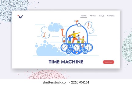Business Characters Team Flying In Time Machine Landing Page Template. People Going To the Future Or Past for Changing History Developments And Finding Solutions. Cartoon Vector Illustration