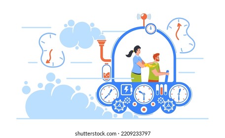 Business Characters Team Going To the Future Or Past In Time Machine. Man and Woman Colleagues Sit in Mechanism or Capsule Cockpit Flying for Changing History. Cartoon People Vector Illustration