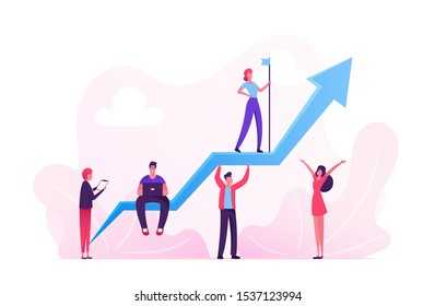 Business Characters Team Working around Huge Growing Arrow. Leader Stand on Top with Hoisted Flag, Businesspeople Teamwork and Leadership, Investment Growth Concept. Cartoon Flat Vector Illustration