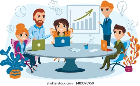Business characters team working in office, people working together in the company, meeting, discusion, brainstorming  Vector flat cartoon design illustration isolated on the white background