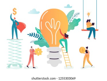 Business Characters Team Working on Creative Idea. Teamwork Innovations Concept. Brainstorming Process with Business People and Light Bulb. Vector illustration
