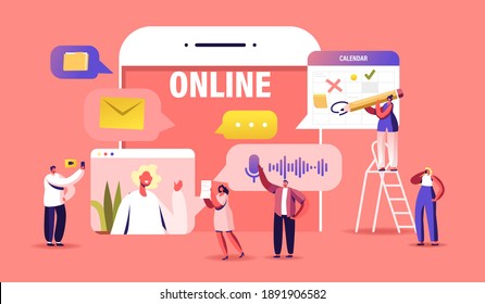 Business Characters Teamwork Online, Tiny Employees Speak on Video Call with Remote Colleagues on Online Briefing, Workers Webcam Group Conference with Coworkers. Cartoon People Vector Illustration