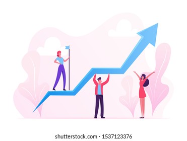 Business Characters Teamwork. Team of Businesspeople Holding Growing Arrow, Leader with Flag Standing on Top. Financial Success Career Growth Cooperation Partnership. Cartoon Flat Vector Illustration