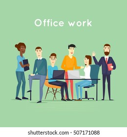 Business characters. Teamwork. Workplace. Office life. Flat design vector illustration.