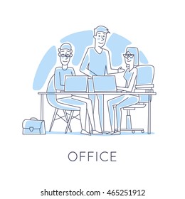 Business characters thin line. Co working people, meeting, teamwork, collaboration and discussion, conference table, brainstorm. Workplace. Office life. Flat design vector illustration.