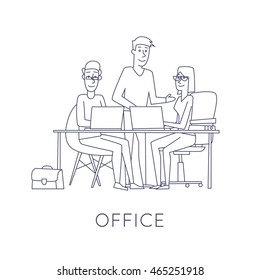 Business characters thin line. Co working people, meeting, teamwork, collaboration and discussion, conference table, brainstorm. Workplace. Office life. Flat design vector illustration.