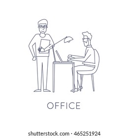 Business characters thin line. Co working people, meeting, teamwork, collaboration and discussion, conference table, brainstorm. Workplace. Office life. Flat design vector illustration.