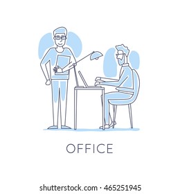 Business characters thin line. Co working people, meeting, teamwork, collaboration and discussion, conference table, brainstorm. Workplace. Office life. Flat design vector illustration.