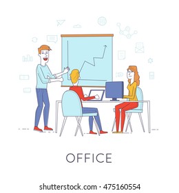 Business characters thin line. Co working people, meeting, teamwork, collaboration and discussion, presentation of the project, brainstorm. Workplace. Office life. Flat design vector illustration.