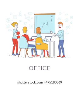 Business characters thin line. Co working people, meeting, teamwork, collaboration and discussion, presentation of the project, brainstorm. Workplace. Office life. Flat design vector illustration.