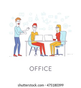 Business characters thin line. Co working people, meeting, teamwork, collaboration and discussion, presentation of the project, brainstorm. Workplace. Office life. Flat design vector illustration.