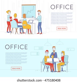 Business characters thin line. Co working people, meeting, teamwork, collaboration and discussion, presentation of the project, brainstorm. Workplace. Office life. Flat design vector illustration.