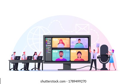 Business Characters, Tiny Employees Speak on Video Call with Remote Colleagues on Online Briefing, Workers Webcam Group Conference with Coworkers on Huge Computer. Cartoon People Vector Illustration