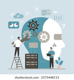 Business characters with tools at huge cyborg head. Artificial intelligence, machine learning, chat bot training. Rpa, Robotic process automatization, Ai. Neural network training. vector illustration
