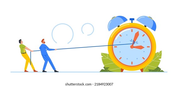 Business Characters Trying to Stop or Slowdown Time Pulling Alarm Clock Arrows with Strap, Men Hard Drudge, Overtime Work, Deadline and Time Management Concept. Cartoon People Vector Illustration