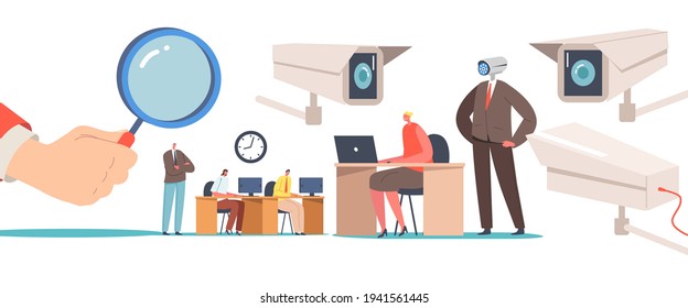 Business Characters under Chef Observation at Work, Privacy Concept. Hand Hold Huge Magnifying Glass Watching on Working Businesspeople, Boss with Video Camera Head. Cartoon People Vector Illustration
