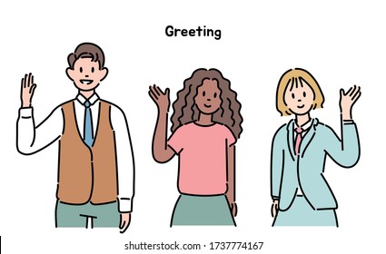 Business characters of various races are waving and greeting. hand drawn style vector design illustrations. 