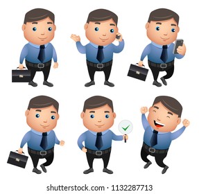 Business characters vector set with different gestures and posture wearing office attire holding bag and taking in phone in white background. Vector illustration.
