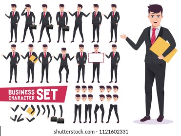 Business characters vector set with professional male office worker wearing corporate black suit and have  pose and gestures for presentation in white background. Vector illustration.