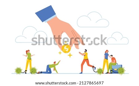 Business Characters with Virus Chain on Legs Begging Money from Huge Hand with Coin, Global Economic Impact. Market and Economics Collapse due Coronavirus Pandemic. Cartoon People Vector Illustration