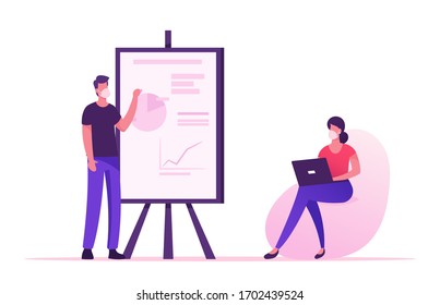 Business Characters Wearing Medical Masks Meeting in Conference Room or Seminar during Covid19 Quarantine. Trainer Stand at Whiteboard with Data Analysis Charts. Cartoon Vector People Illustration