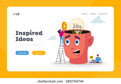 Business Characters Work On Project Searching For Idea Landing Page Template. Woman Put Gear Into Huge Head With Light Bulb, Man Browsing On Laptop. Brainstorm. Cartoon People Vector Illustration