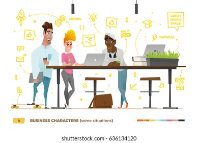 Business characters in the working environment. Discussion of business processes