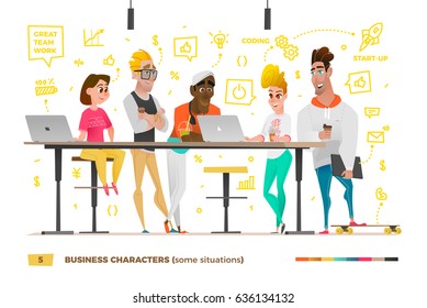 Business characters in the working environment. Discussion of business processes