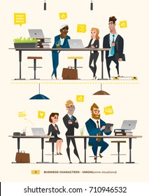 Personajes de negocios en el entorno laboral. Debate sobre los procesos institucionales