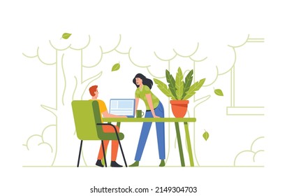 Business Characters Working in Modern Green Office with Biophilic Design. Eco Friendly Environment with Live Plants. Male and Female Employees at Ecological Workplace. Cartoon Vector Illustration