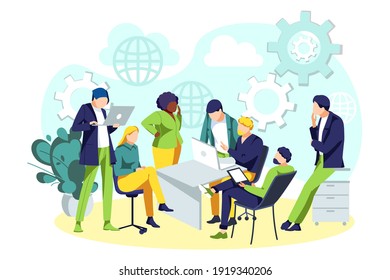 Business characters working in office. Coworking space with business people working on project. Colleagues working at computers and talking on phone in the open space office flat vector illustration