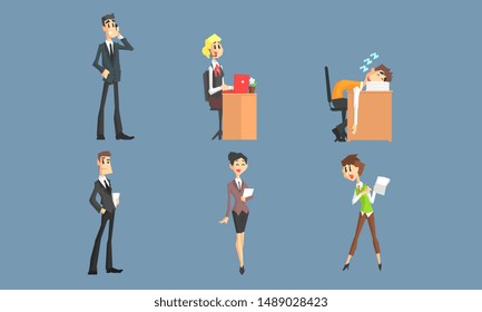 Business Characters Working in Office Set, Male and Female Managers Vector Illustration