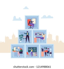 Business Characters Working in Office. Three Floor Company Corporate Department with Business People. Organization Concept. Vector illustration