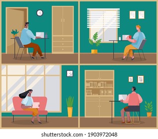 Personajes de negocios que trabajan en el diseño plano de oficinas. Colaboradores, trabajo en equipo de reuniones, colaboración y discusión, lluvia de ideas. Ilustración de la vida de oficina para gente de negocios, conjunto de cuatro escenas
