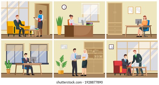Business characters working in office workplace flat design. Co working people, meeting teamwork, collaboration and discussion, brainstorm. Businesspeople office life illustration, set of six scenes