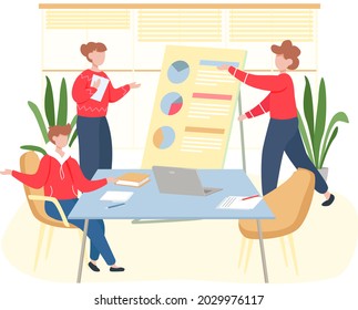 Business characters working in office workplace. Co working people, meeting teamwork, collaboration and discussion. Businesspeople office life, colleagues discuss financial report, women communicate