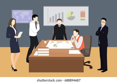 Business characters. Working people, meeting, teamwork, conference table, brainstorm. Workplace. Office life. Flat design vector illustration.