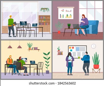 Business characters working at their workplaces at the table with computers flat design. People man and woman office workers set. Businesspeople communicating, common office life vector illustration