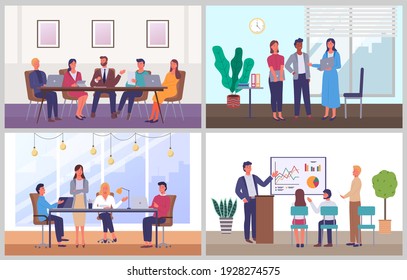 Business Characters Working At Their Workplaces At The Table With Computers Flat Design. People Man And Woman In Modern Office Interior Set Of Four Scenes. Businesspeople Communicating At A Meeting