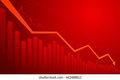 Business chart with arrow downtrend line graph, bar chart and stock numbers in bear market on red background (vector)