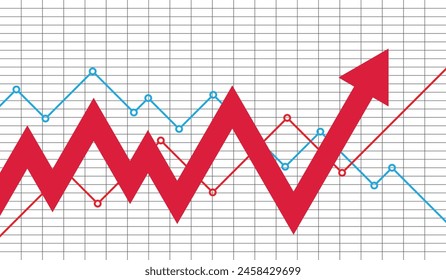 Business chart arrow, line chart with modular grid, trading, post increasing return on investment, achieving goals.