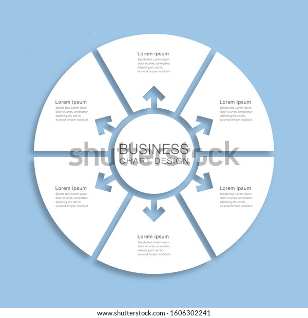 Business chart design. Diagram divided into six\
processes. Presentation\
template.