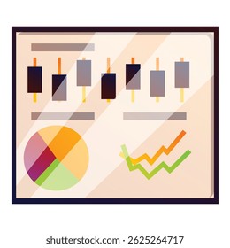 Business chart is displaying market data analytics with a candlestick chart, pie chart and line graph