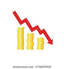 Gráfico de negocios hacia abajo en diseño de estilo plano. disminución de la inversión gráfica. Pilas de monedas de oro y flecha abajo aisladas sobre fondo blanco.