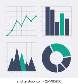 Business chart elements. Set of blue and green diagrams for your project. Elements for statistics and infographics. Vector flat design graphic.